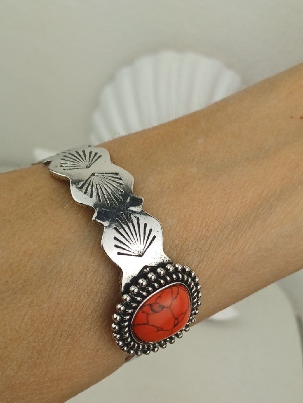 Southwest Sterling-Style Silver Cuff Red Stone Bracelet - Picture 7 of 9